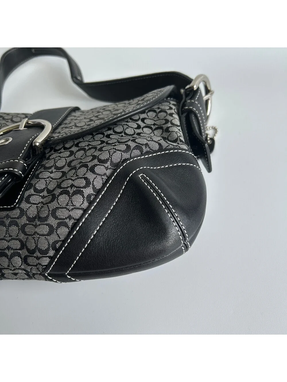 Coach Soho Black Grey Signature Monogram Shoulder Bag Leather Trim Buckle Purse